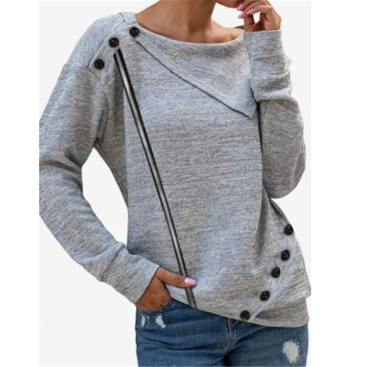 Long Sleeve Buttoned Leather Striped Lapel Knit Top