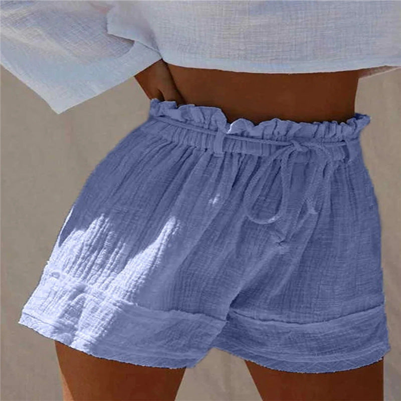 Solid Color Loose Pleated Elastic Belt High Waist Cotton And Linen Boho Shorts Hot Pants