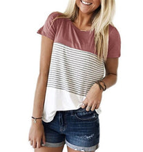Load image into Gallery viewer, Cotton Striped Round Neck Regular Patchwork Casual Loose Standard T Shirt

