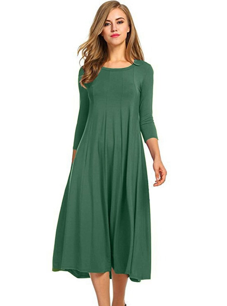 Casual Crew Neck Solid Color Cotton Knee-length Long Sleeve Dress