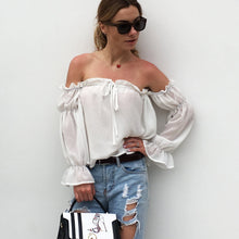 Load image into Gallery viewer, One-shoulder ruffled beach blouse puff long sleeves with chiffon shirt top
