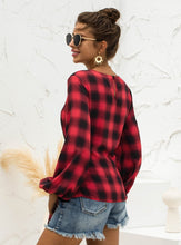 Load image into Gallery viewer, Elegant Polyester Plaid Round Neck Lantern Tie Front Sleeve Blouse
