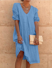 Charger l&#39;image dans la galerie, Large Size Loose Solid Color Cotton And Linen V-Neck Short-Sleeved Dress
