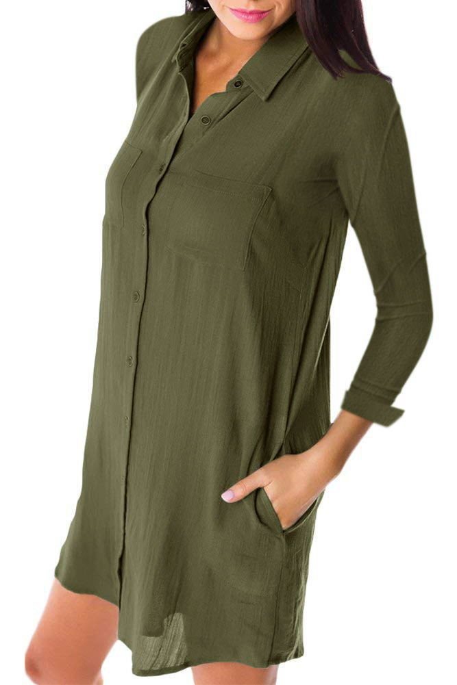 Solid color pocket loose casual long sleeve shirt dress