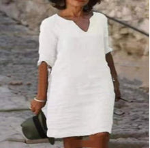 Charger l&#39;image dans la galerie, Summer New Style Cotton And Linen Solid Color V-Neck Mid-Sleeve Mid-Length Dress
