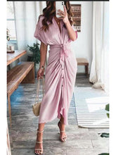 Load image into Gallery viewer, Modest Shirt Deep V Neck Short Sleeve Polyester Solid Color Sash Long Summer Dress
