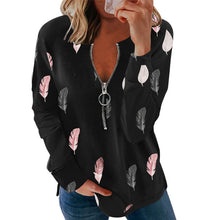 Load image into Gallery viewer, Women&#39;s V-neck Zipper Feather Print Long Sleeve Loose T-shirt
