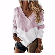 Charger l&#39;image dans la galerie, Pullover V-neck Loose Sweater Color-blocking Women&#39;s Knit Sweater
