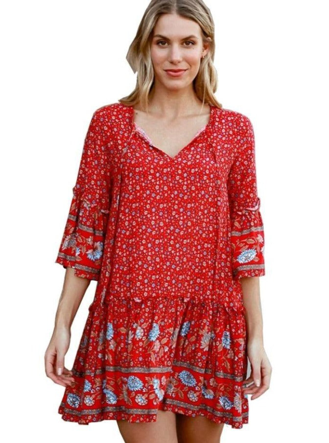 Bohemian Printing Loose Waist Long Skirt Beach Red Dress