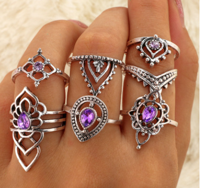 New Retro Purple Crystal Joint Ring Hollow Flower Ring 7 Piece Set