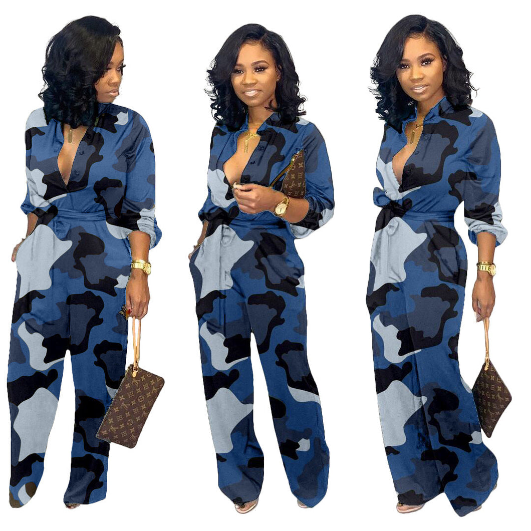 European and American Women's Wide Leg Pants Camouflage Jumpsuit