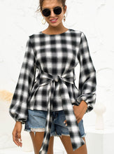 Load image into Gallery viewer, Elegant Polyester Plaid Round Neck Lantern Tie Front Sleeve Blouse
