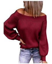 Load image into Gallery viewer, Off-The-Shoulder Plus Size Loose Knitted Sweater Boat-Neck Solid Color Pullover
