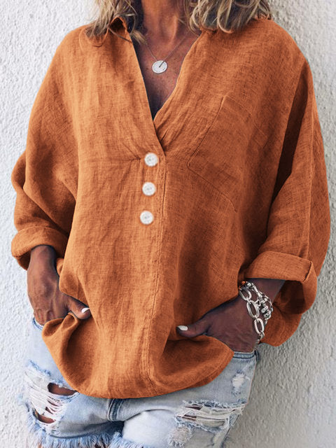 Casual Solid Color V-neck Long Sleeve Pullover Buttoned Blouse