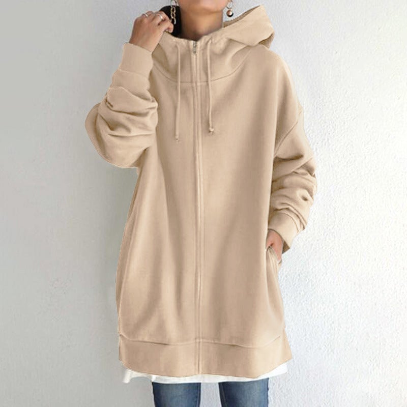 Zipper Hooded Long Plus Fleece Sweatshirt