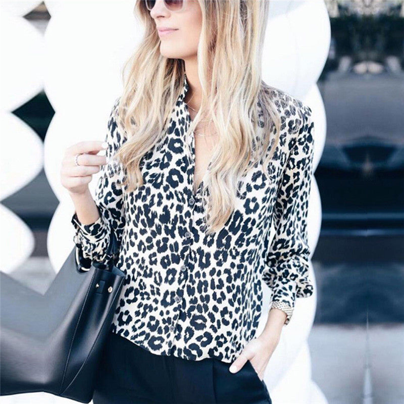 Fashion Polyester Leopard Shirt Collar Long Sleeve Button Blouse