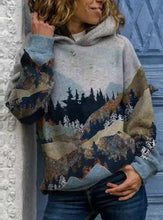 Load image into Gallery viewer, Ladies Fashion Mountain Treetop Print Long Sleeved Hoodie
