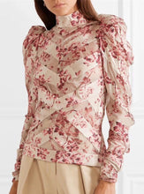 Load image into Gallery viewer, Stitching Long Sleeve Shirt Bow Puff Sleeve Pleated Print Top
