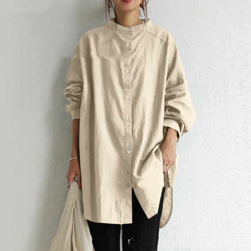 Simple Solid Color Cotton Stand Collar Lantern Sleeve Blouse