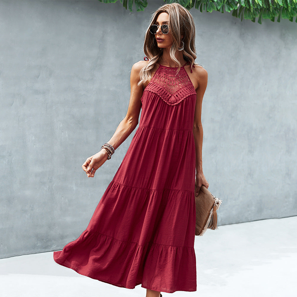 Casual A-line Halter Sleeveless Polyester Solid Color Patchwork Maxi Summer Dress