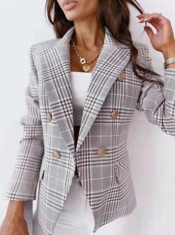 Formal Polyester Plaid Shawl Collar Long Sleeve Blazer