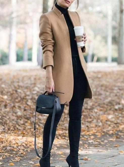 Elegant Solid Color Stand Up Collar Regular Long Sleeve Blazer for Women