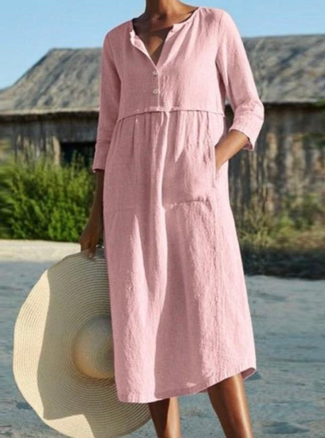 Casual Round Neck 3/4 Sleeve Solid Color Linen Mid-length Pink Dress