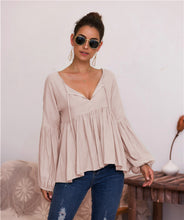 Load image into Gallery viewer, Puff Sleeve Solid Color V-neck Blouse T-shirt
