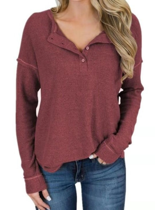 Long-sleeved Shirt V-neck Buttoned Ladies T-shirt