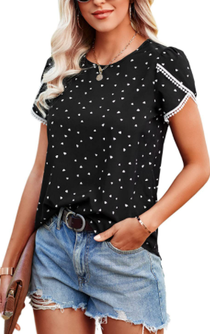 Lace Stitched Polka Dot Short Sleeved T Shirt Chiffon Top