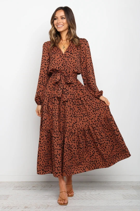 V-neck Leopard Print Long-sleeved Loose Long Dress