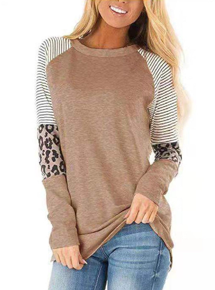 Casual Crew Neck Long Sleeve Striped&Leopard Printed T Shirt Top for Women