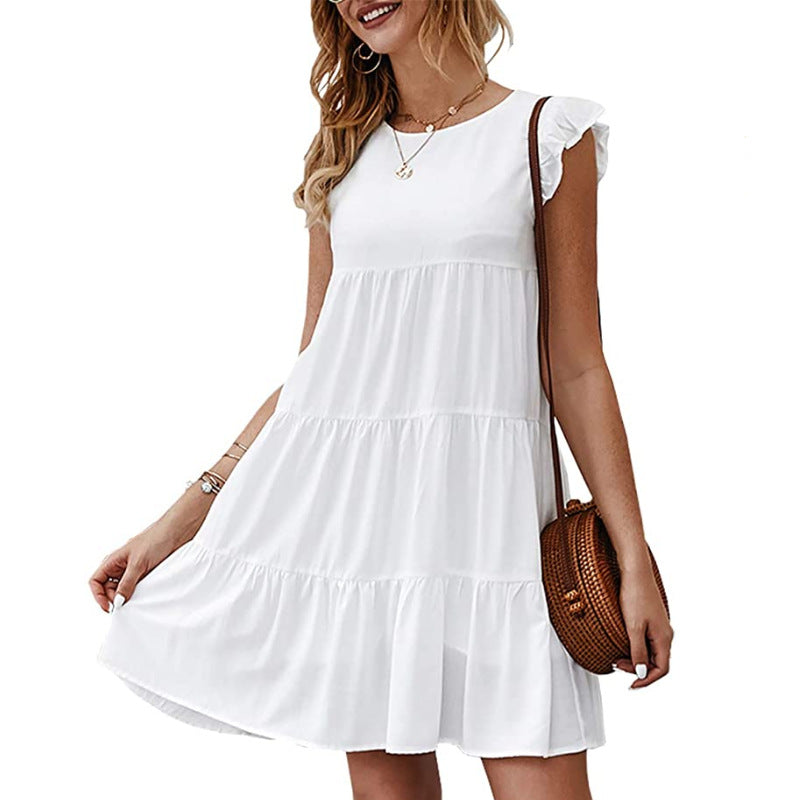 Ladies Solid Color Round Neck Short Sleeve Casual Dress