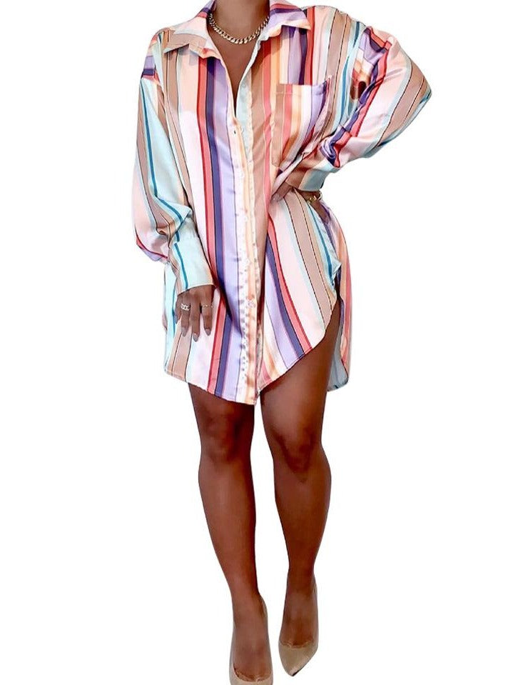 Fashion Lapel Collar Long Sleeve Striped Pattern Polyester Mini-Length Shirt Dress