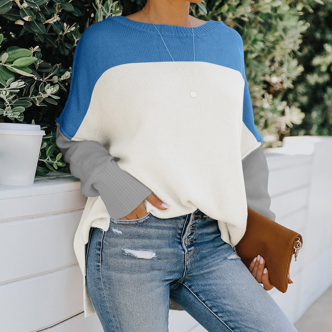 Ladies Off-shoulder Contrast Color Loose Sweater