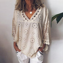 Load image into Gallery viewer, Loose V-neck large size casual hollow embroidery lining Long Sleeve blouse
