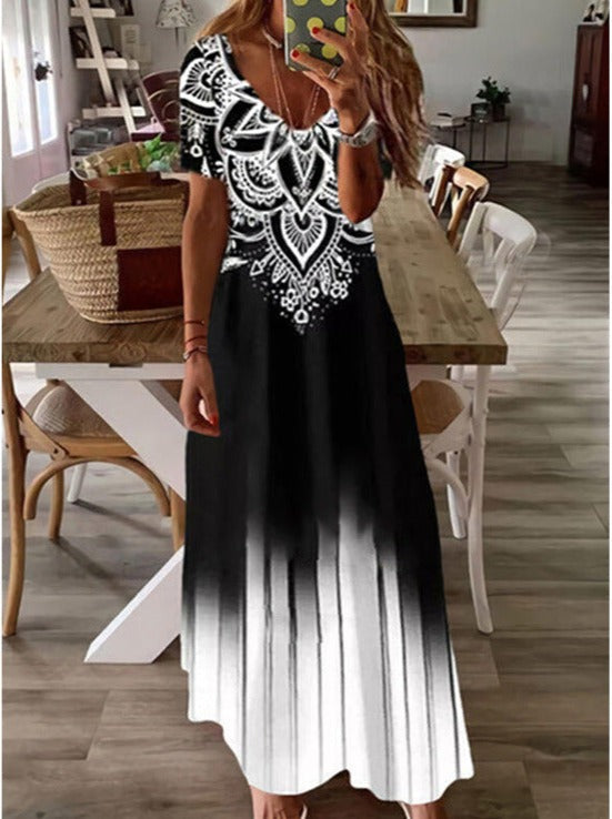 Short Sleeve V-Neck Tie-Dye 3D Digital Print Casual Long Dress