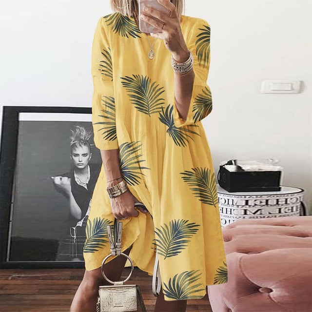 Casual A-line Round Neck 3/4 Sleeve Polyester Plants Ruffle Knee Length Summer Dress