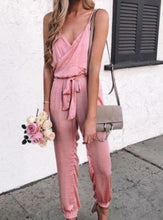 Load image into Gallery viewer, Western Polyester Plain Color V-neck Sleeveless Belt Jumpsuit
