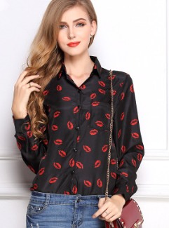 USA SIZE Large Size Women's Blouse Lapel Long Sleeve Lip Print Bottoming Shirt Chiffon Shirt