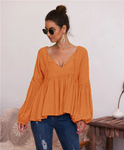 Load image into Gallery viewer, Puff Sleeve Solid Color V-neck Blouse T-shirt
