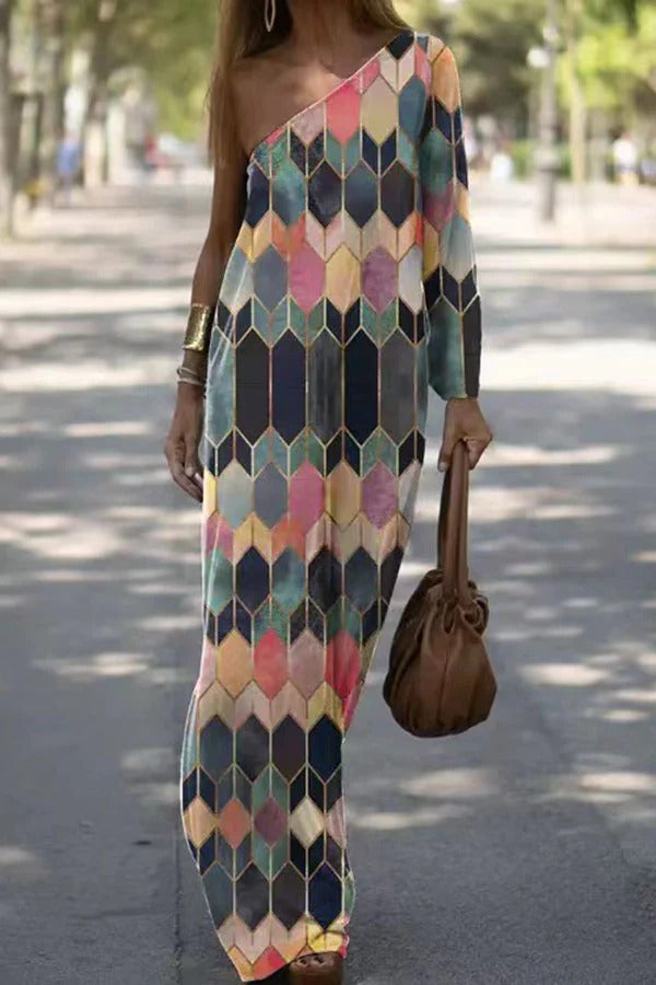Women's Tie-dyed Trend Printed Diagonal Shoulder Dress