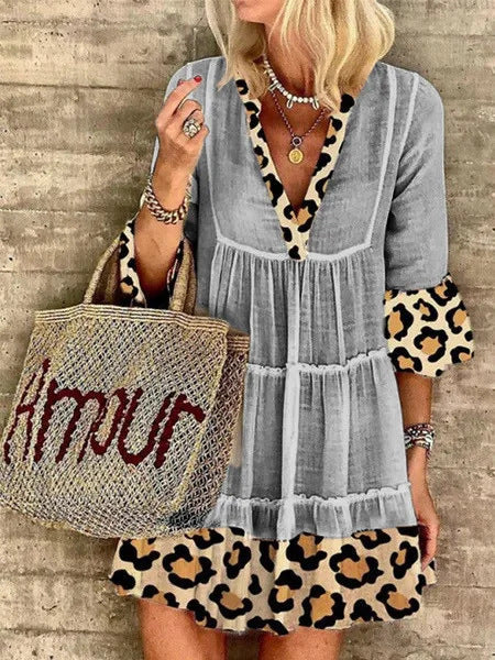 New Style Ladies Fashion Leopard Stitching Cotton And Linen Dress