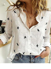 Load image into Gallery viewer, Stylish Cotton and Linen Bird Pattern Shirt Collar Long Sleeve Blouse
