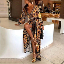 Load image into Gallery viewer, Bohemian A-line V-neck Long Sleeve Polyester Ankle Length Beach Dress
