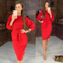 Load image into Gallery viewer, Round Neck Long Sleeve Knee-length Dress With Belt

