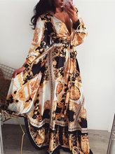 Load image into Gallery viewer, Cotton Blend Long Printed Dress  and Vintage Neckline
