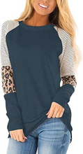 Load image into Gallery viewer, Casual Crew Neck Long Sleeve Striped&amp;Leopard Printed T Shirt Top for Women
