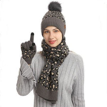 Load image into Gallery viewer, Winter Leopard Print Warm Knitted Wool Hat Scarf Gloves Three Piece Set
