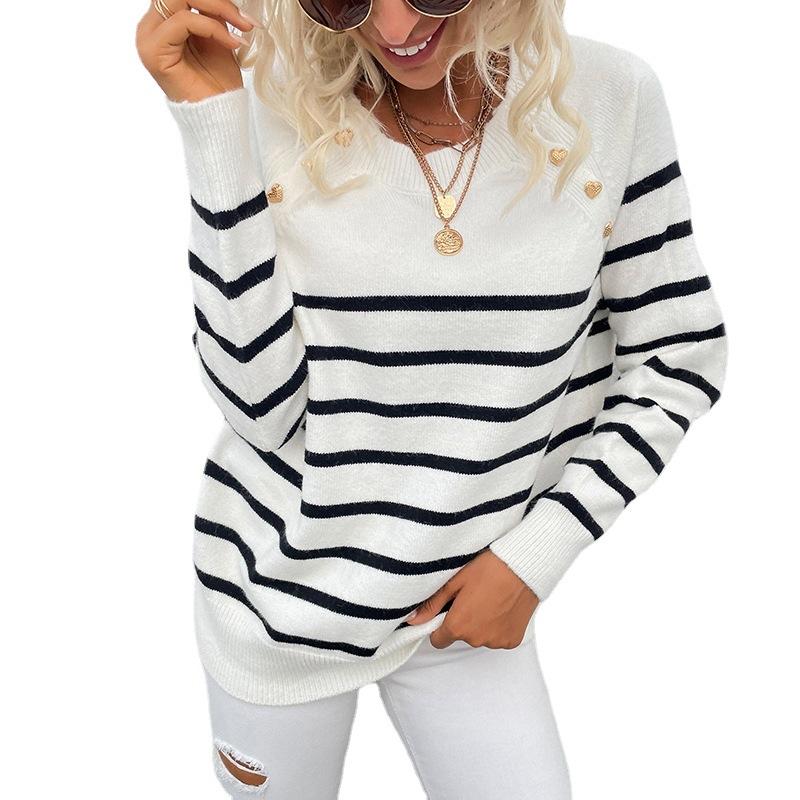 Fashion Striped Knit Pullover Shoulder Button Sweater